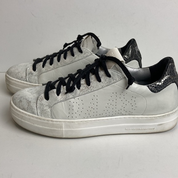 P448 Thea White/ Pacific Sneakers Shoes Sz 41 Designer Metallic Elevated Basic - Picture 1 of 16